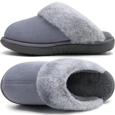 Imagem de jiajiale Pantufas femininas de espuma viscoelástica de camurça com suporte de arco aconchegante, felpuda, pele sintética, para uso interno e externo, Cinza, 41