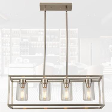 Imagem de XILICON Lustres de sala de jantar de níquel escovado pingente linear moderno 4 luzes com persianas de vidro luz de teto vintage casa de fazenda pendurado para cozinha ilha café bar