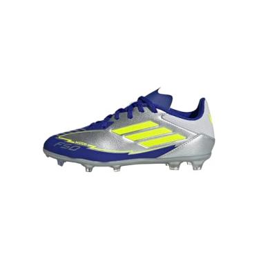 Imagem de adidas Tênis de futebol unissex infantil F50 League Messi Firm Multi Ground, Prata metálico/amarelo solar/azul lúcido, 2.5 Little Kid