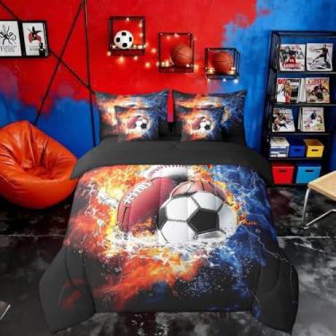 Imagem de Feelyou Jogo de cama de casal com edredom esportivo de beisebol, futebol americano, beisebol, 7 peças, ultramacio, decoração de quarto com futebol 3D, design de basquete