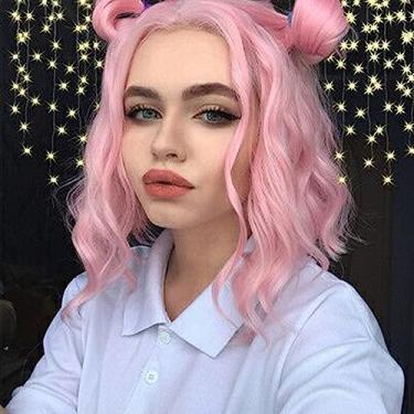 Imagem de Perucas Bob rosa claro para mulheres, peruca frontal de renda curta, linha natural, cabelo solto, ondulado, cabelo curto, fibra sintética resistente ao calor, parte livre, comprimento dos ombros