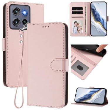 Imagem de Capa carteira compatível com Motorola Edge 50 Neo 5G, capa fina de couro com compartimentos para cartões, alça de pulso e suporte, capa protetora à prova de choque para homens e mulheres (rosa)