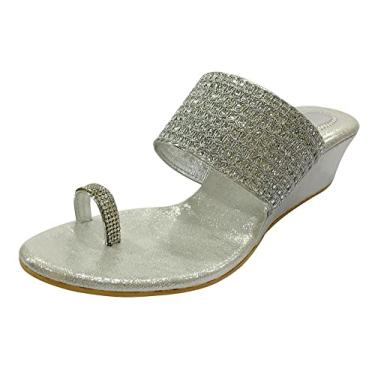 Imagem de Stop n Style Sliver Sandália feminina tradicional indiana feita à mão salto cunha sandália feminina de salto, Prata, 38