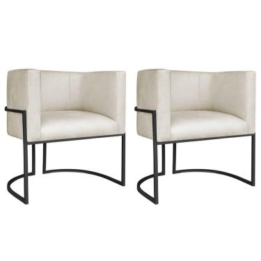 Imagem de Kit 02 Poltronas Decorativas Luna Base De Ferro Preto Linho Bege