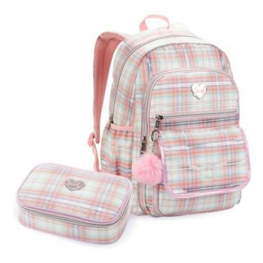 Imagem de Kit Mochila Escolar com Estojo Box Listrado Rosa Divisórias Material L