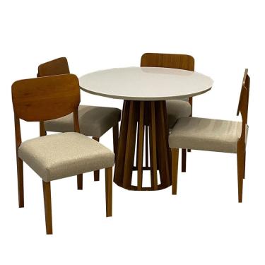 Imagem de Mesa de Jantar Berlim 100cm Redonda com Vidro e 4 Cadeiras Barcelona em Linho Madeira Cel Móveis Cor Cinamomo Off White com Tecido Bege