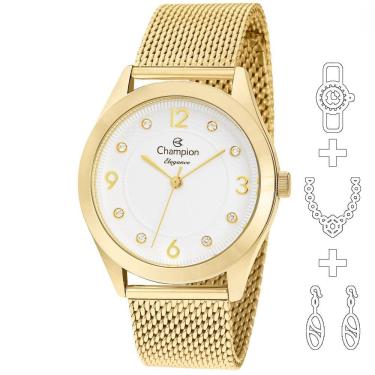 Imagem de Relógio Champion Kit Feminino Dourado Esteira Cn25430e