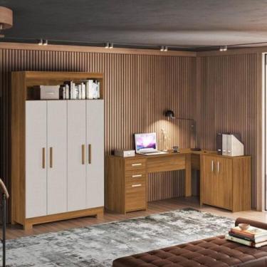 Imagem de Conjunto para Escritório com 1 Mesa de Canto e Armário Multiuso 4 Port