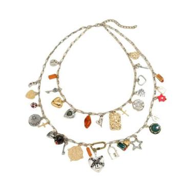 Imagem de Colar Feminino Boêmio Multicamadas Com Pingente De Coração E Cadeado, 
