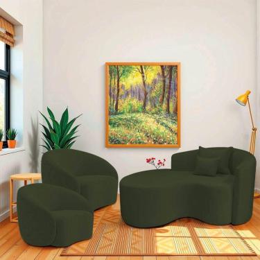 Imagem de Kit Recamier Curvo Sala De Estar 150cm Lado Esquerdo E 2 Poltronas Orgânica Luxo Amore Linho Verde