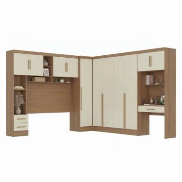 Imagem de Guarda-roupa Modulado 4 Peças 11 Portas com Cabeceira até 158cm e Escrivaninha Cinamomo/Off White
