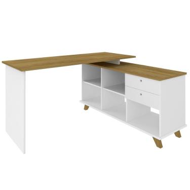 Imagem de Mesa Escrivaninha em l Golden 2 Gavetas com Nichos MDP 145 cm Olmo Branco Brilhante