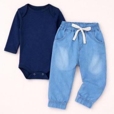 Imagem de Conjunto Bebê Body Longo e Calça Jogger Jeans para Passeio Cor:Marinho