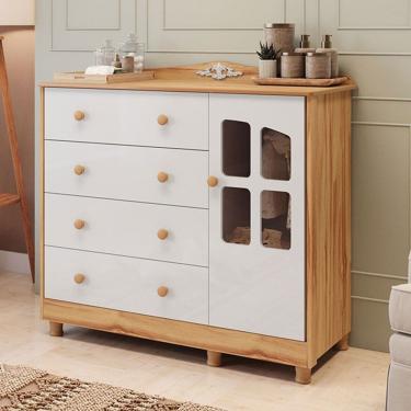 Imagem de Cômoda Infantil Elô 1 Porta 4 Gavetas 100% Mdf Branco Brilho/Amêndoa - Móveis Peroba