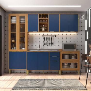 Imagem de Cozinha Compacta Domus 10 Portas 5 Gavetas com Vidro Nogal/Royal - Hecol Móveis