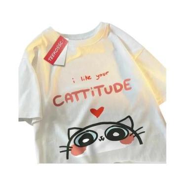 Imagem de Camiseta De Algodão Solta Estilo Hip Hop Com Estampa De Gatinho E a In