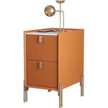 Imagem de Mesa lateral estreita de meados do século | Mesa de cabeceira moderna com 2 gavetas de armazenamento | Mesa de cabeceira minimalista de pedra sinterizada para espaços pequenos, laranja, 40x3