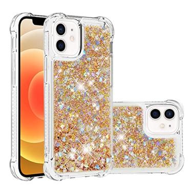 Imagem de Caso protetor Glitter Case para iPhone 12 mini caso para mulheres meninas Girly Sparkle Líquido Luxo Flutuante Quicksand Transparente Macio Tpu. Capa de celular Capa de casos (Color : Golden heart)