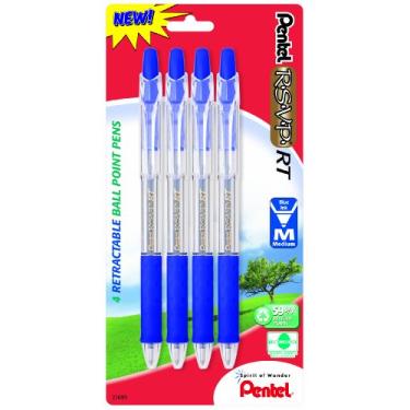 Imagem de Pentel Caneta esferográfica retrátil R.S.V.P. RT, linha média, tinta azul, pacote com 4 (BK93BP4C)