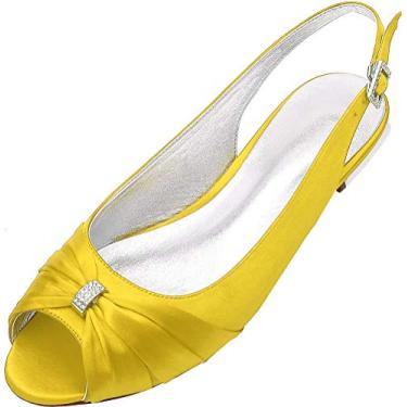 Imagem de Sandália feminina com strass e tira traseira de strass para casamento sem salto Peep Toe, Amarelo, 6.5