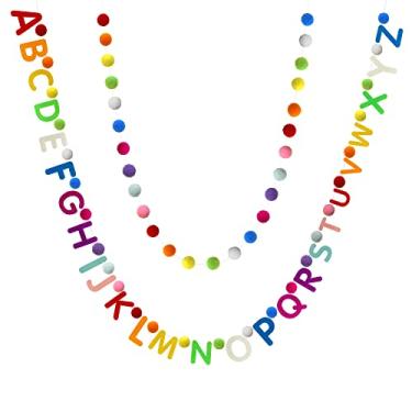 Imagem de 2 peças guirlanda de alfabeto arco-íris ABC decoração de parede colorido guirlanda de pompom 26 bolas guirlandas para sala de aula festa decoração de casa