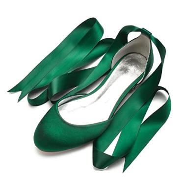 Imagem de Sapatos de casamento para noivas mulheres sapatilhas de cetim sapatilhas com fivela bico redondo sapatos sociais 36-44,Dark green,3 UK/36 EU