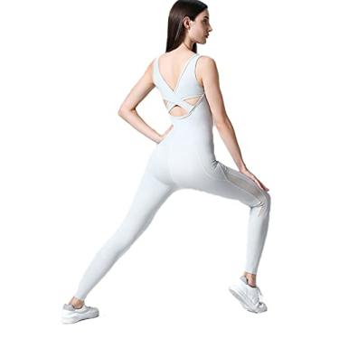 Imagem de Yajun Macacões para mulheres maiô de ioga sem costas nuas secagem rápida respirável macacão fitness macacão macacão levanta bumbum, branco, M (peito: 70cm)