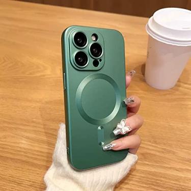 Imagem de Estojo de carregamento sem fio magnético fosco luxuoso para iPhone 14 13 12 11 Pro Max Protetor de lente de vidro Capa de silicone macio, verde alpino, para iPhone 13Pro Max
