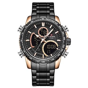 Imagem de NAVIFORCE Relógio digital masculino de luxo de aço inoxidável, analógico, quartzo, à prova d'água, moderno, cronógrafo, militar, multifuncional, relógio de pulso, Ouro rosa + preto,