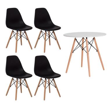Imagem de Conjunto Kit 4 Cadeiras Eiffel Eames Preta + 1 Mesa Eames 80cm Branca Base Madeira Sala Cozinha