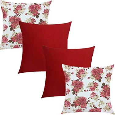 Imagem de Kit 4 Capas de Almofadas Composê Floral Rosa Imperial e Vermelho Liso 45x45cm