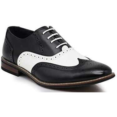 Imagem de Sapato social masculino de dois tons Oxfords com pontas de asas e cadarço perfurado da Wood8, Black/White, 9