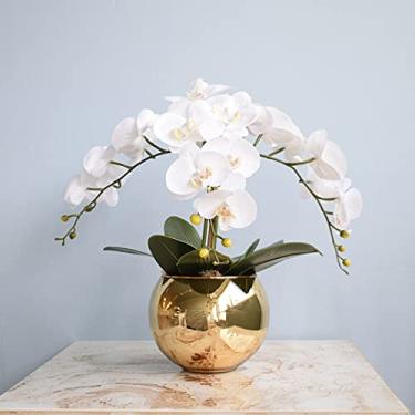 Imagem de Arranjo de Flores Artificiais Orquídeas Silicone Brancas no Vaso Dourado