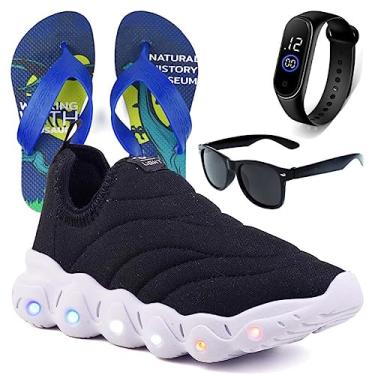 Imagem de Tenis Infantil De Led Calce Facil Elastico Meninos Masculino + Chinelo Oculos Relogio Cor:Branco;Tamanho:25