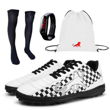 Imagem de Chuteira Society Masculina + Meião + Bolsa Branco + Relógio-Masculino