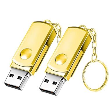 Imagem de Pen Drive, Hrich Pen Drive Mini 32GB com Chaveiro, Unidade Flash USB de Alta Velocidade USB 2.0, Para a Transferência de Músicas, Fotos, Documentos e Vídeos，USB Flash Drive x 2(32GB Ouro)