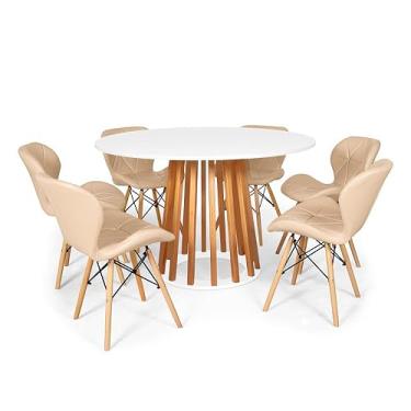 Imagem de Conjunto Mesa de Jantar Talia Amadeirada Branca 120cm com 6 Cadeiras Eiffel Slim - Nude