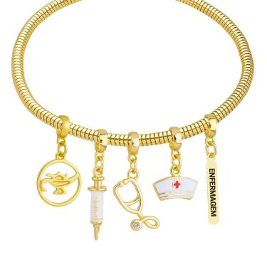 Imagem de Pulseira Profissão Enfermagem Para Pandora Banhado a Ouro 18k