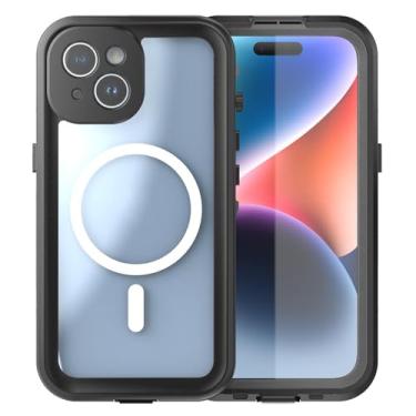 Imagem de CQSJX Capa à prova d'água para iPhone 15 Pro Max/15 Pro/15 Plus/15, proteção de lente de câmera, capa protetora magnética transparente para todo o corpo, carregamento sem fio, preto, 15