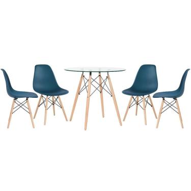Imagem de Mesa Redonda Eames Com Tampo De Vidro 80 Cm + 4 Cadeiras Eiffel Dsw Azul Petróleo