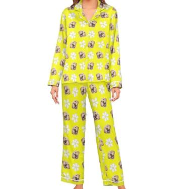 Imagem de JUNZAN Conjunto de pijama feminino de cetim coral personalizado manga comprida pijama pijama feminino macio com botões, Amarelo, M