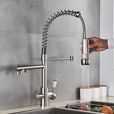 Imagem de Torneira de cozinha com filtro de água, torneira pull down cromada de três saídas, misturador de pia, torneira de cozinha com água filtrada, níquel escovado