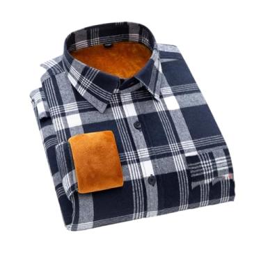 Imagem de Camisa masculina xadrez de flanela masculina casual outono inverno primavera grossa lã quente algodão manga longa, Azul marinho, P