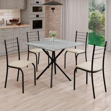 Imagem de Conjunto Sala de Jantar Mesa Quadrada 70x70cm Tampo Granito Topázio 4 Cadeiras Rio Creme / Preto Fosco