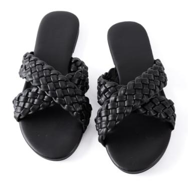 Imagem de Mtzyoa Sandálias rasteiras femininas de couro trançado cruzado nude elegante moda festa noturna casamento sandálias, Trama preta, 37