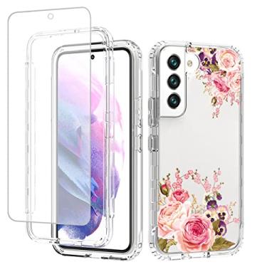Imagem de Vavies Capa para Galaxy S22, SM-S901U com protetor de tela de vidro temperado, capa de telefone transparente flexível com design floral para Samsung Galaxy S22 5G (flor rosa)