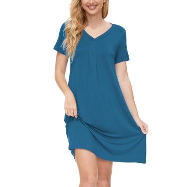 Imagem de GYS Camisola feminina de viscose macia de manga curta, confortável com gola V, camisa de dormir leve, Azul-petróleo, GG