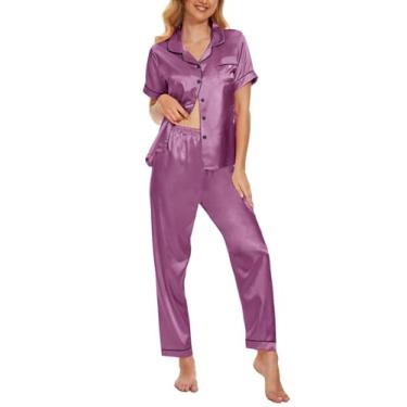 Imagem de VENTELAN Conjunto de pijama feminino plus size, super macio, manga curta e longa, conjunto de pijama de duas peças, Roxo pastel, GG
