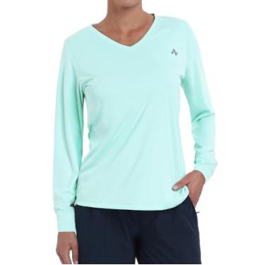 Imagem de Nepest Camisetas femininas FPS 50+ para sol dry fit atlético, corrida, manga comprida, gola V, Verde-água, G