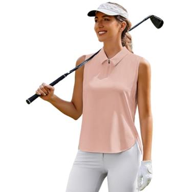 Imagem de PINSPARK Camiseta feminina de golfe, sem mangas, FPS 50+, tênis, gola V, secagem rápida, atlética, gola 1/4, regata para treino, rosa, XXG